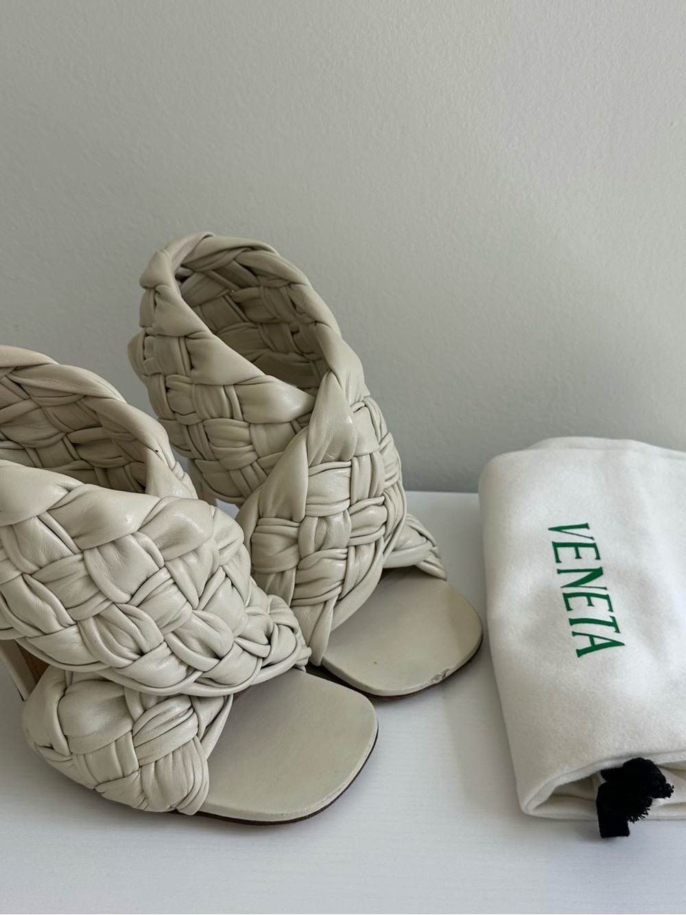Bottega Veneta Ivory Braided Leather Heeled Sandals